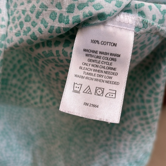 Foxcroft for Appleseed’s Wrinkle Free Y-neck Tunic green white mosaic cotton 14P - Picture 11 of 16